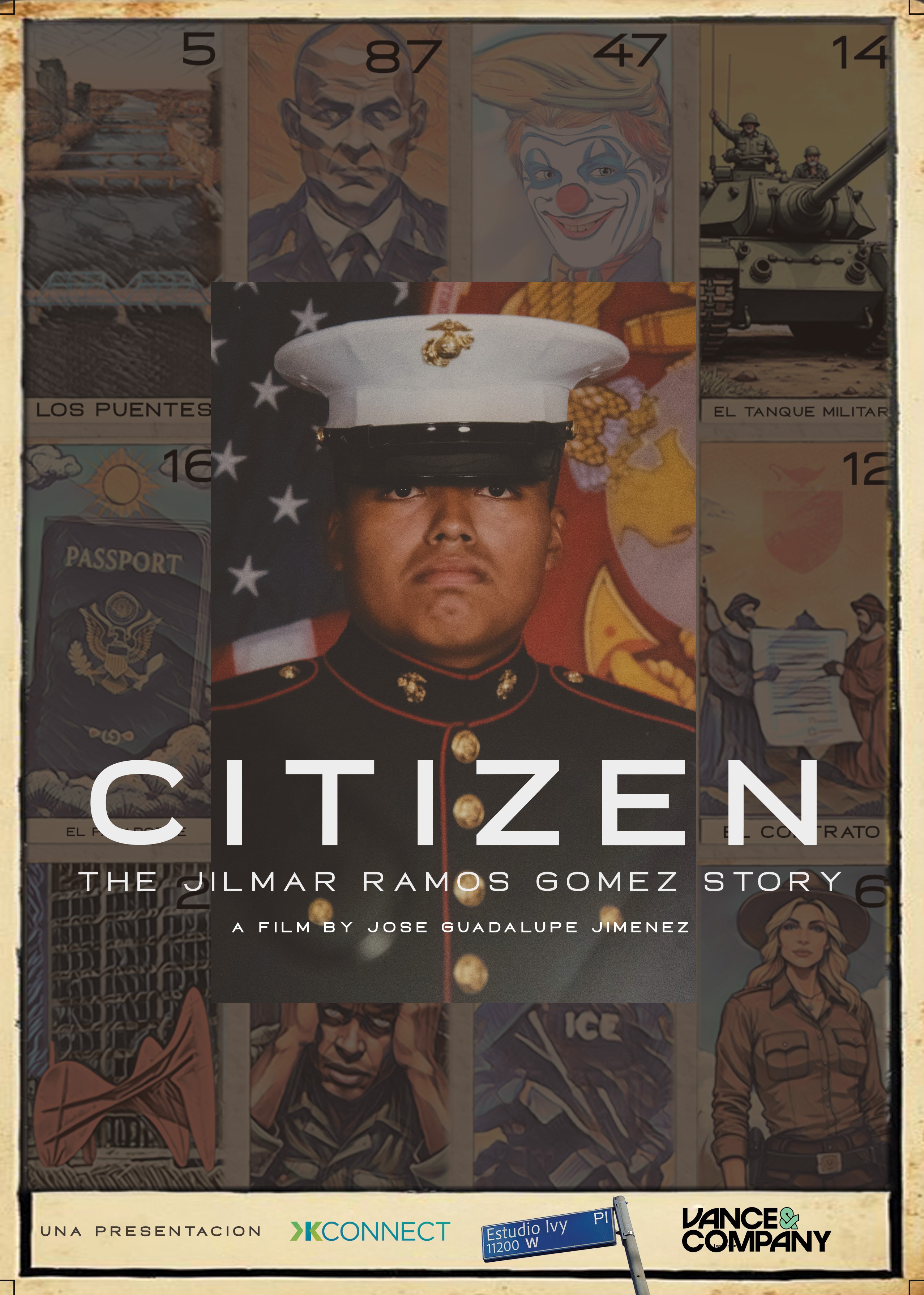 An image of Jilmar Ramos Gomes in military uniform. Text reads: Citizen. The Jilmar Ramos Gomez story. A film by Jose Guadalupe Jimenez Jr